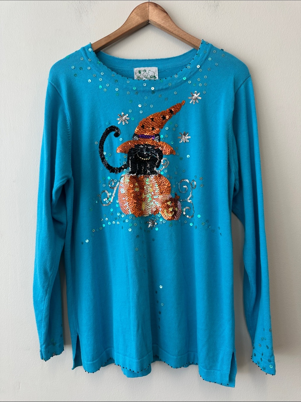 Quacker Factory Turquoise Sequin Witch Cat Halloween Sweater